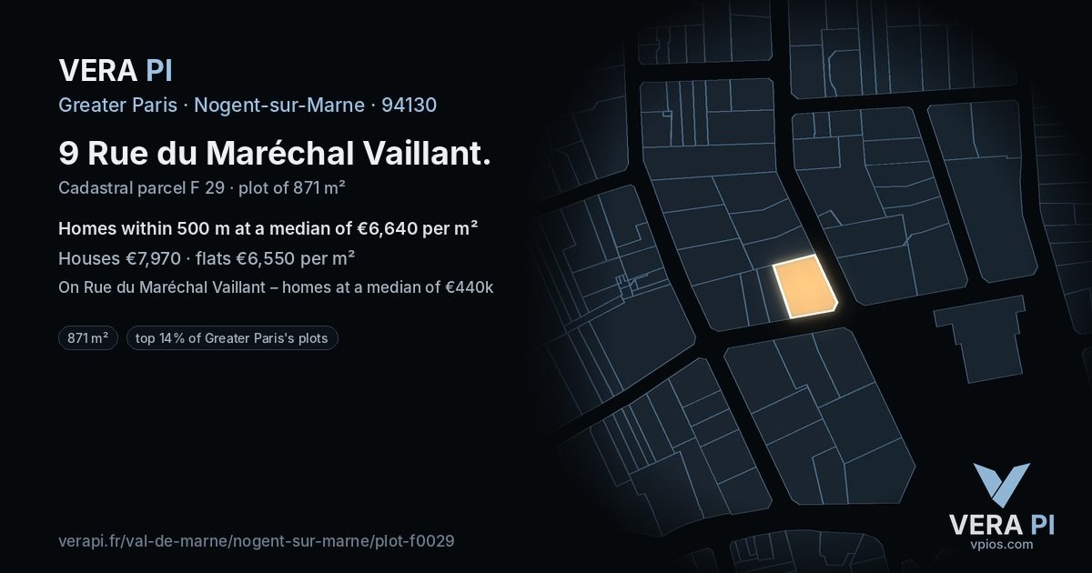 9 Rue du Maréchal Vaillant, Nogent-sur-Marne at night – the plot lit, the parcels around coloured by the prices near them