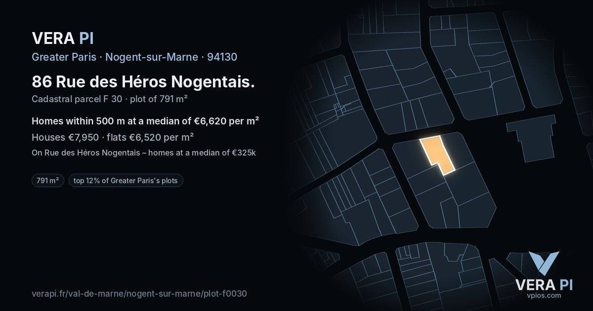 86 Rue des Héros Nogentais, Nogent-sur-Marne at night – the plot lit, the parcels around coloured by the prices near them