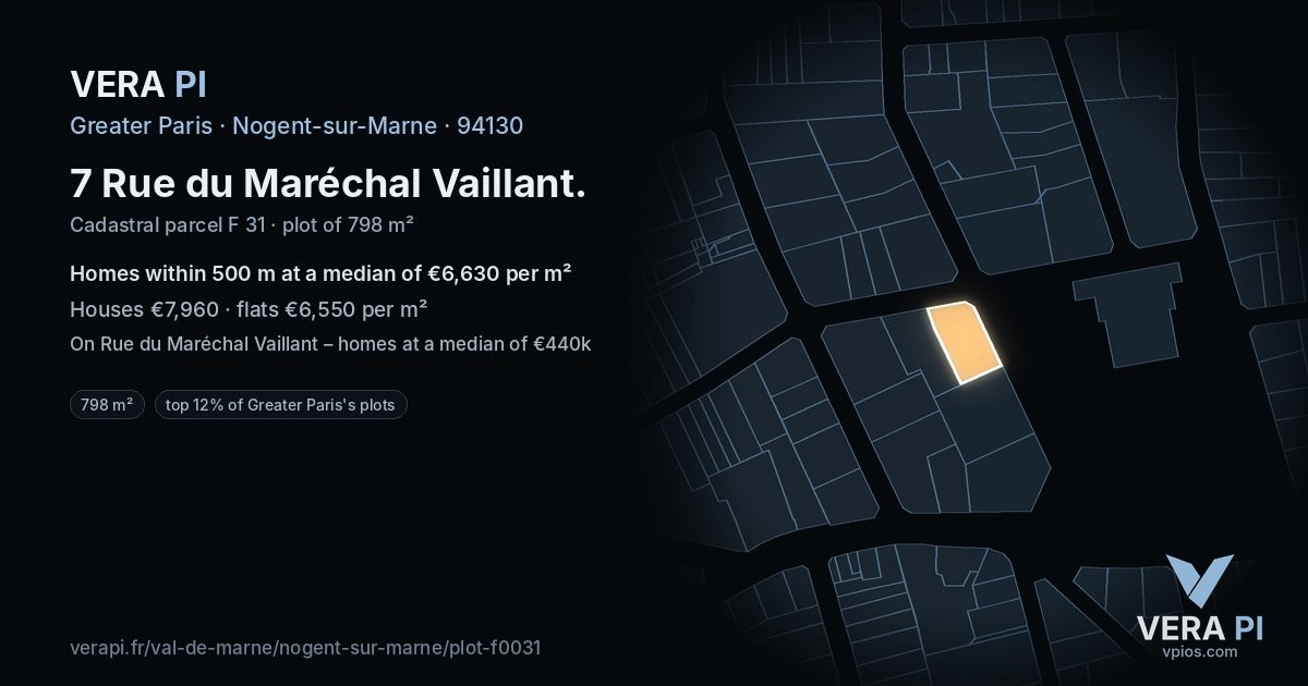 7 Rue du Maréchal Vaillant, Nogent-sur-Marne at night – the plot lit, the parcels around coloured by the prices near them