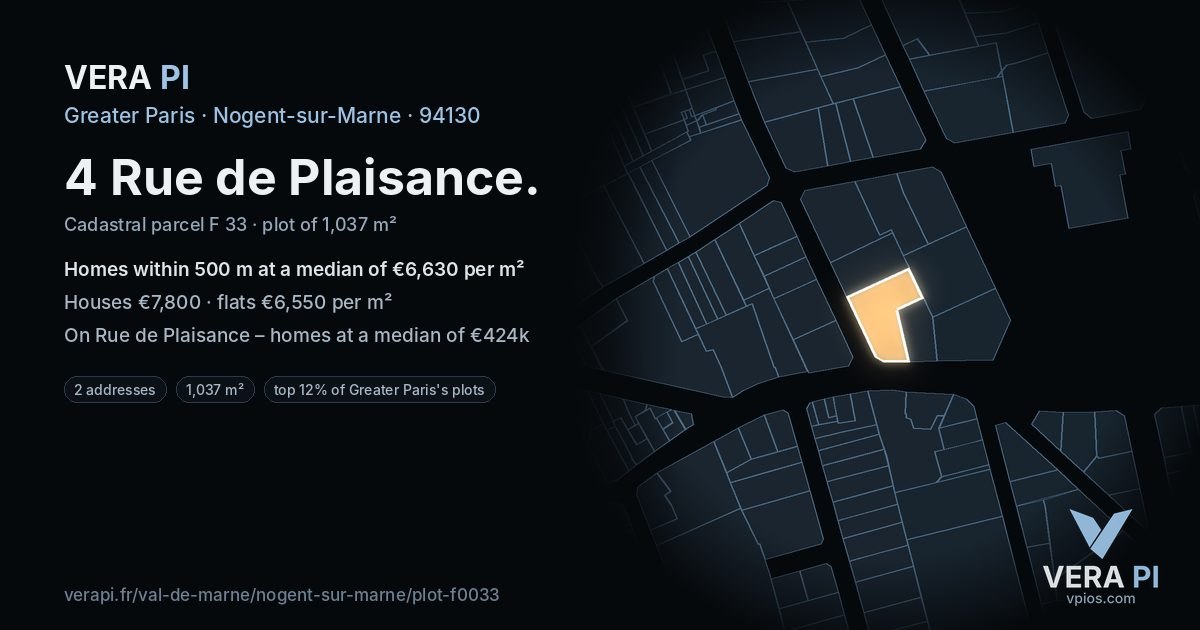 4 Rue de Plaisance, Nogent-sur-Marne at night – the plot lit, the parcels around coloured by the prices near them
