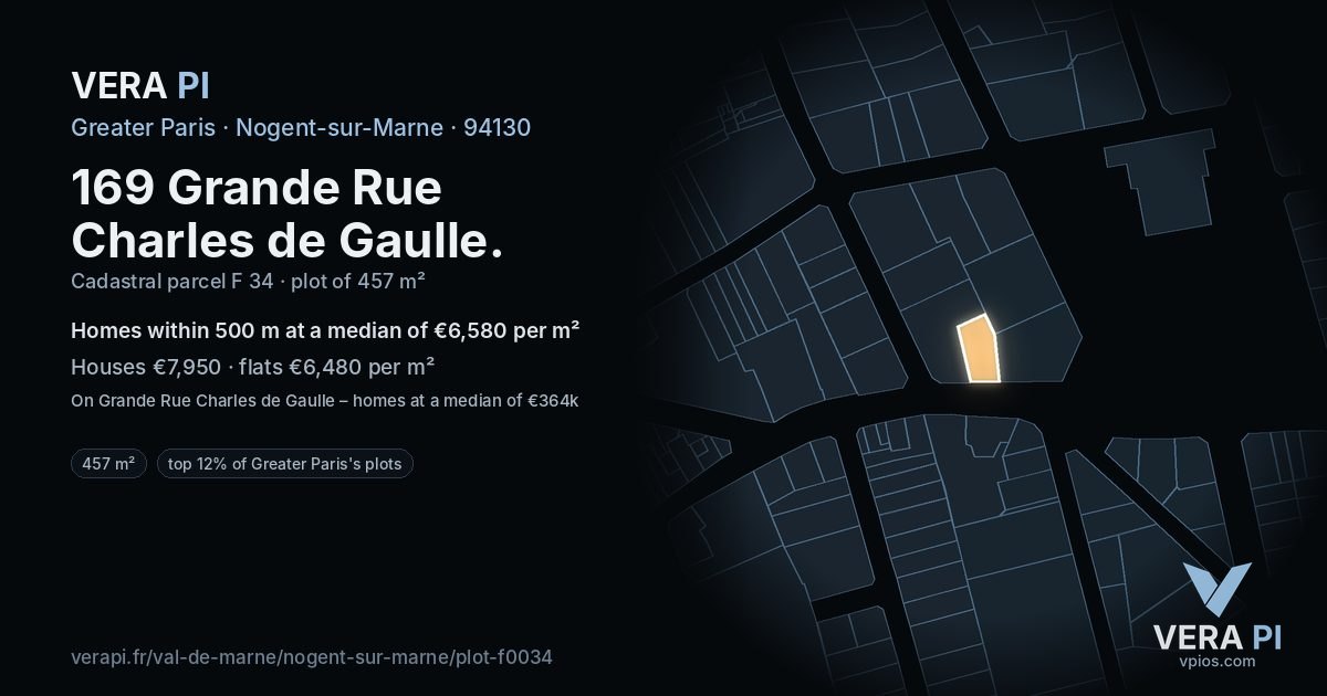 169 Grande Rue Charles de Gaulle, Nogent-sur-Marne at night – the plot lit, the parcels around coloured by the prices near them