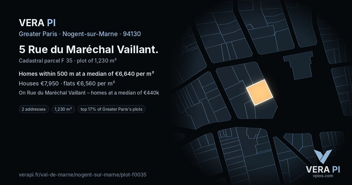 5 Rue du Maréchal Vaillant, Nogent-sur-Marne at night – the plot lit, the parcels around coloured by the prices near them