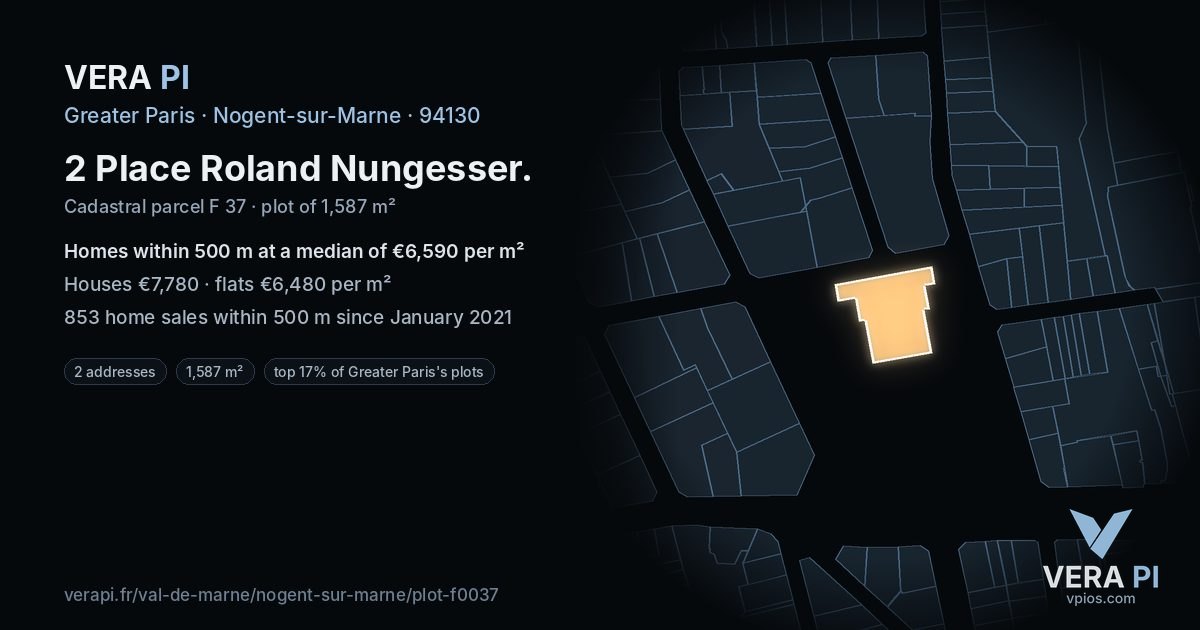 2 Place Roland Nungesser, Nogent-sur-Marne at night – the plot lit, the parcels around coloured by the prices near them