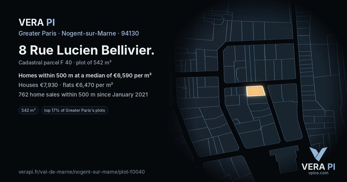 8 Rue Lucien Bellivier, Nogent-sur-Marne at night – the plot lit, the parcels around coloured by the prices near them