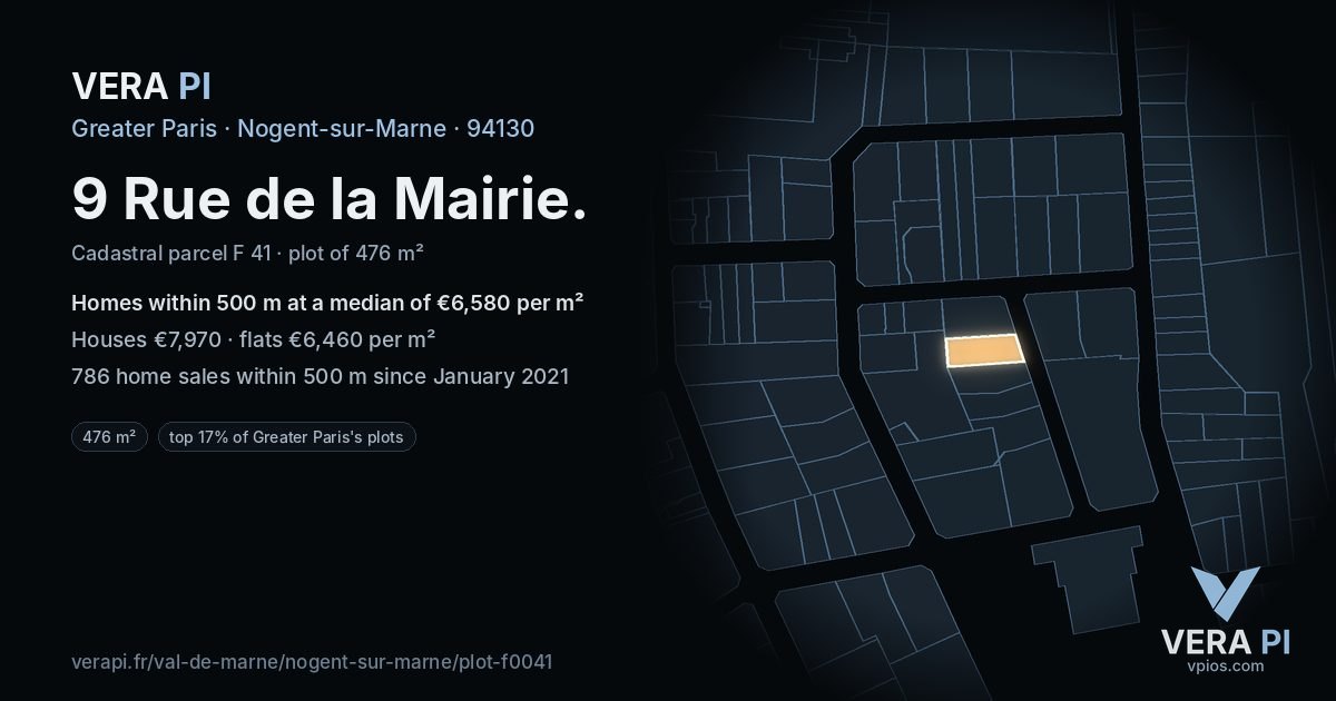 9 Rue de la Mairie, Nogent-sur-Marne at night – the plot lit, the parcels around coloured by the prices near them