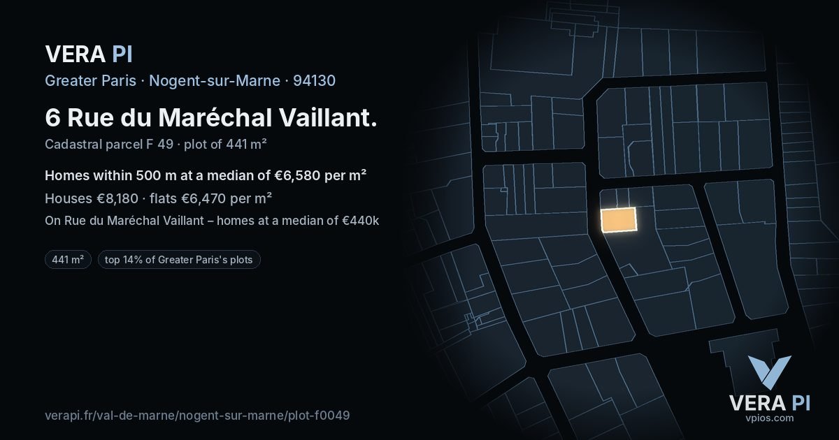 6 Rue du Maréchal Vaillant, Nogent-sur-Marne at night – the plot lit, the parcels around coloured by the prices near them