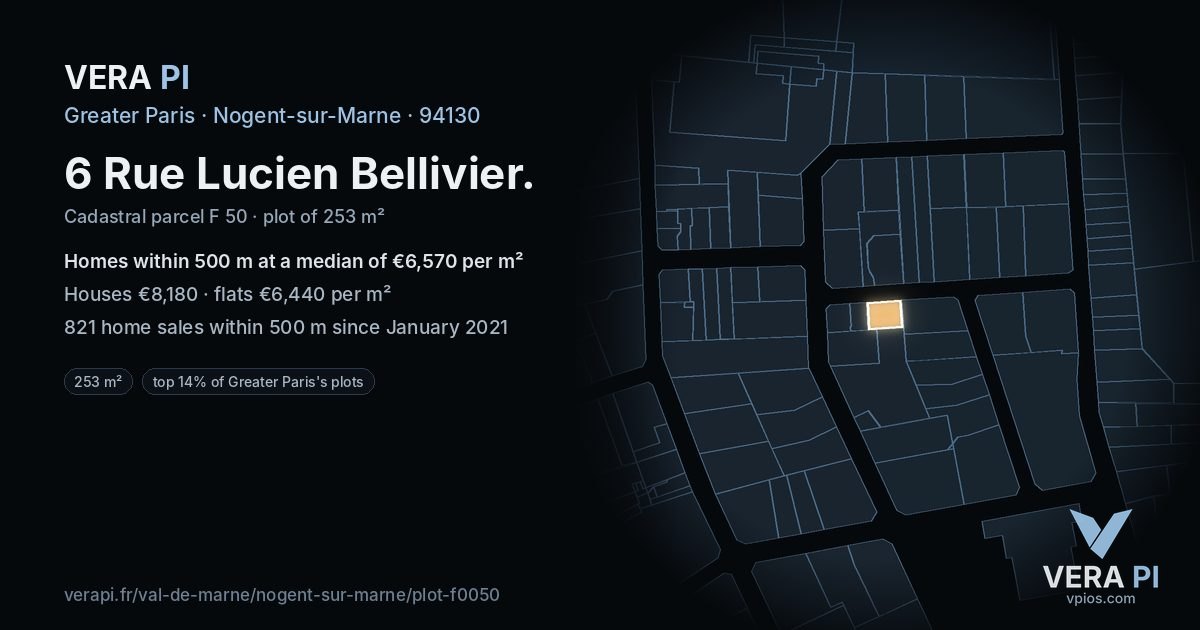 6 Rue Lucien Bellivier, Nogent-sur-Marne at night – the plot lit, the parcels around coloured by the prices near them