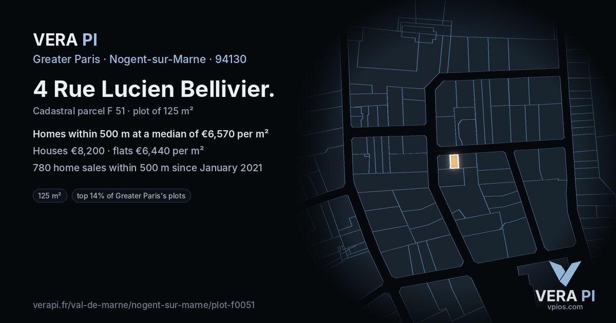 4 Rue Lucien Bellivier, Nogent-sur-Marne at night – the plot lit, the parcels around coloured by the prices near them
