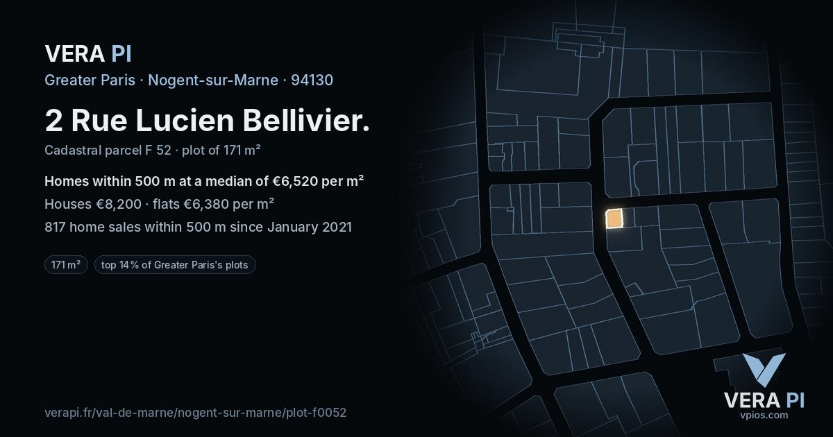 2 Rue Lucien Bellivier, Nogent-sur-Marne at night – the plot lit, the parcels around coloured by the prices near them
