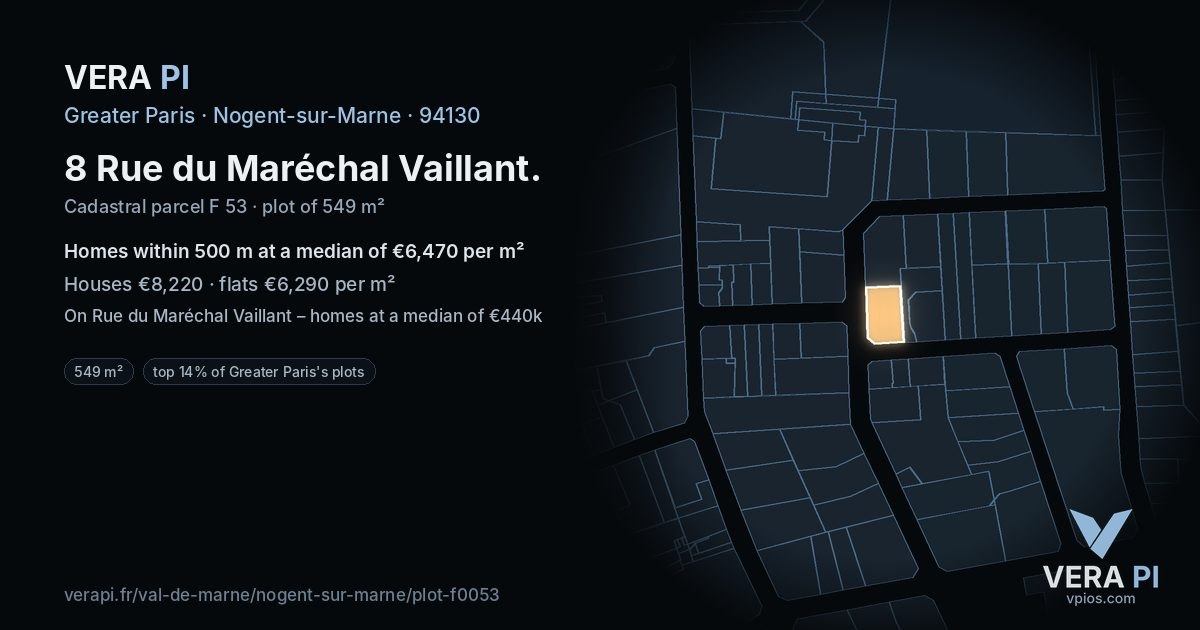 8 Rue du Maréchal Vaillant, Nogent-sur-Marne at night – the plot lit, the parcels around coloured by the prices near them