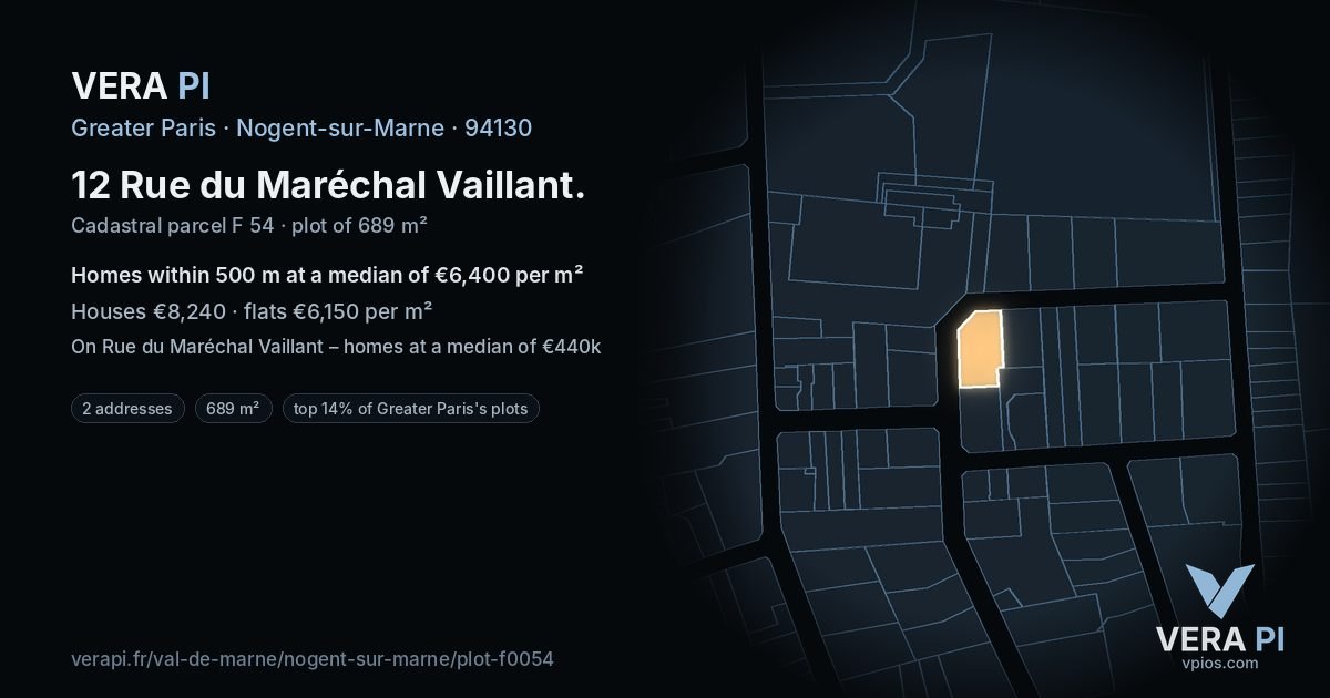 12 Rue du Maréchal Vaillant, Nogent-sur-Marne at night – the plot lit, the parcels around coloured by the prices near them