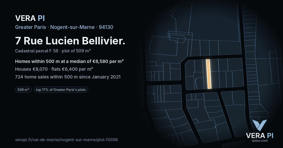 7 Rue Lucien Bellivier, Nogent-sur-Marne at night – the plot lit, the parcels around coloured by the prices near them