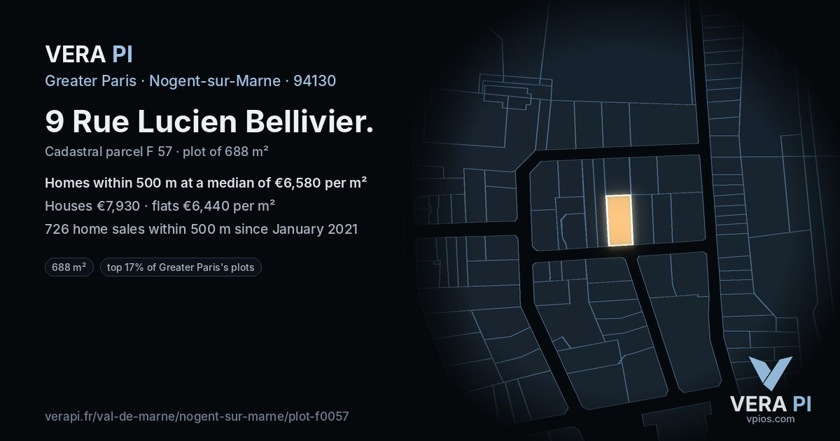 9 Rue Lucien Bellivier, Nogent-sur-Marne at night – the plot lit, the parcels around coloured by the prices near them
