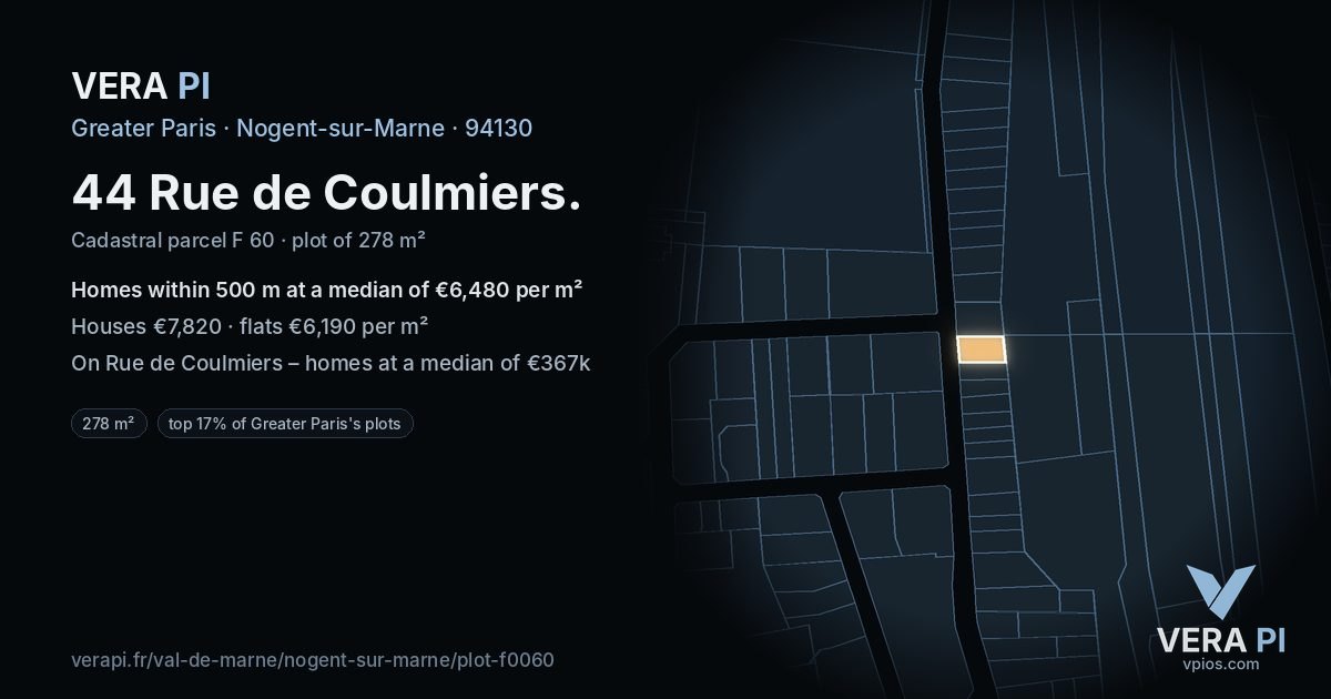 44 Rue de Coulmiers, Nogent-sur-Marne at night – the plot lit, the parcels around coloured by the prices near them