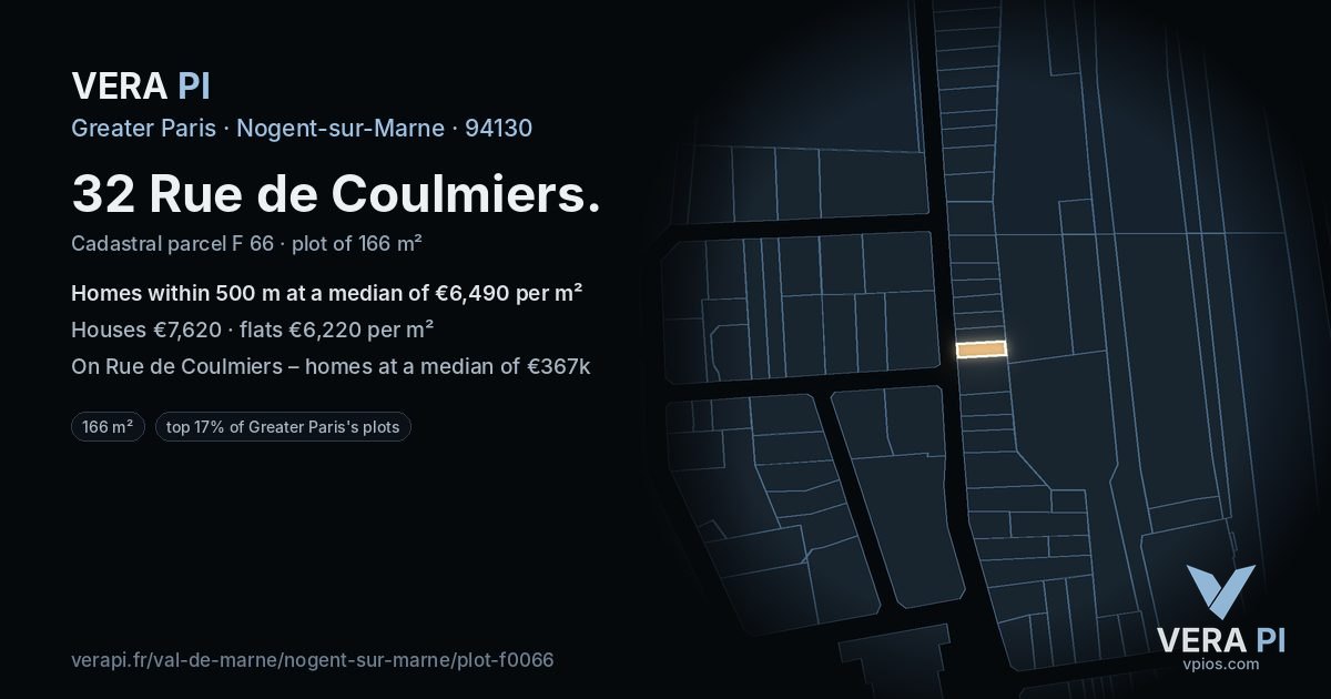 32 Rue de Coulmiers, Nogent-sur-Marne at night – the plot lit, the parcels around coloured by the prices near them