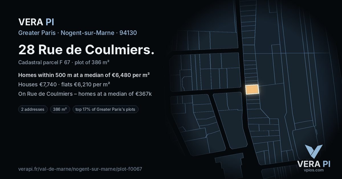 28 Rue de Coulmiers, Nogent-sur-Marne at night – the plot lit, the parcels around coloured by the prices near them