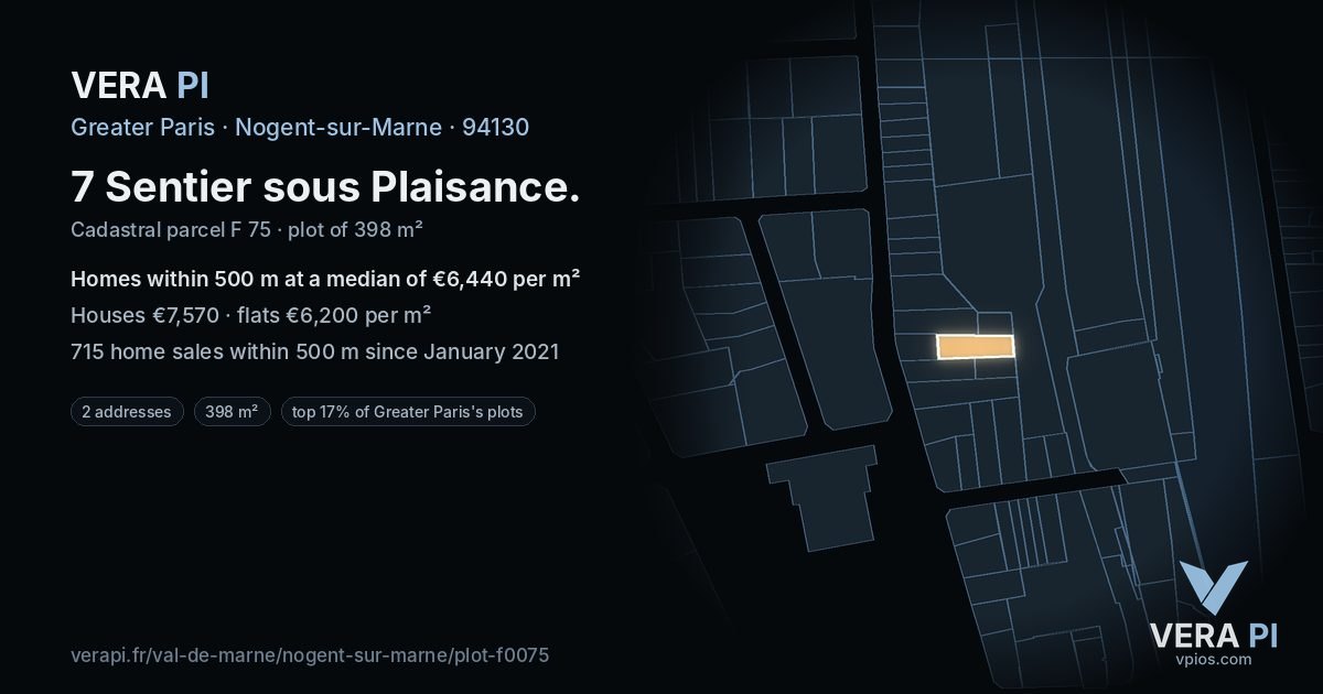 7 Sentier sous Plaisance, Nogent-sur-Marne at night – the plot lit, the parcels around coloured by the prices near them