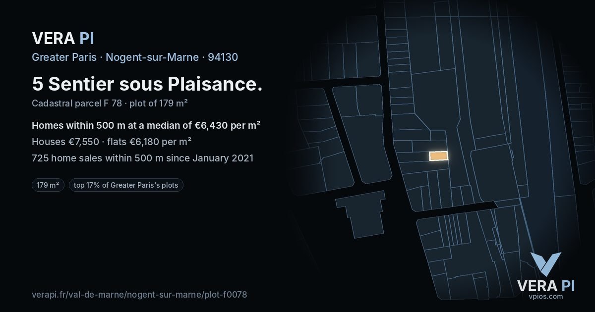 5 Sentier sous Plaisance, Nogent-sur-Marne at night – the plot lit, the parcels around coloured by the prices near them