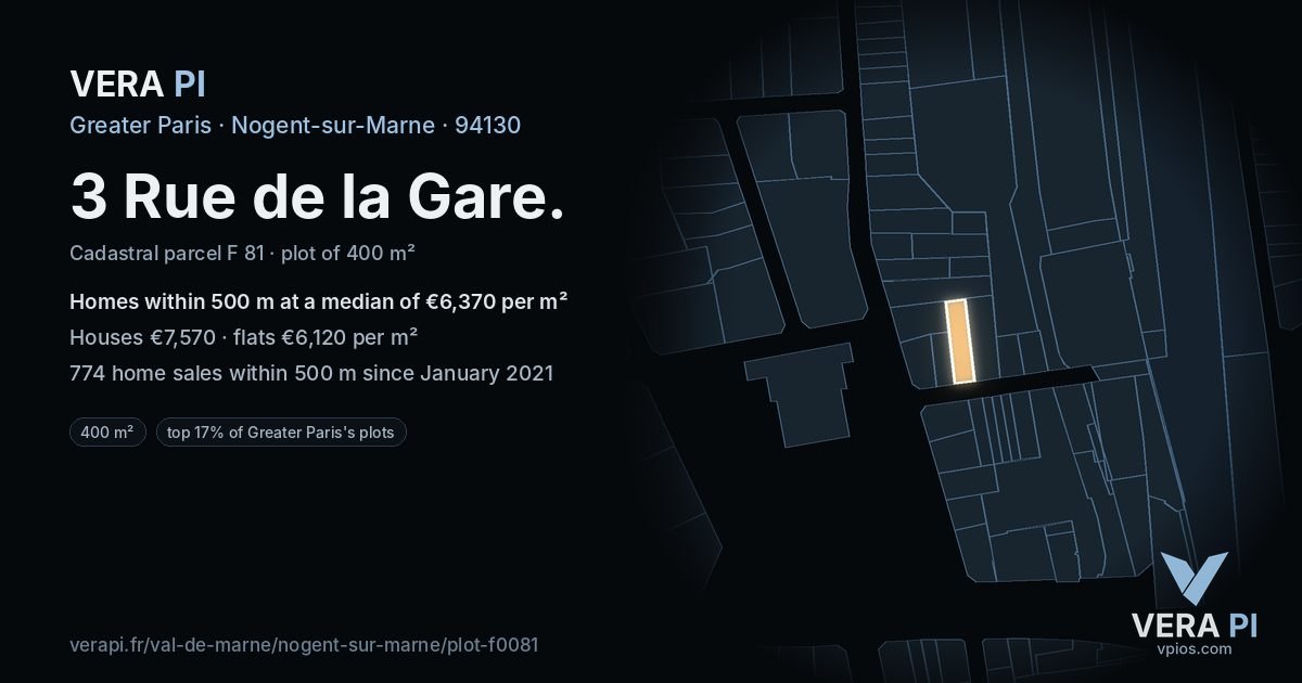 3 Rue de la Gare, Nogent-sur-Marne at night – the plot lit, the parcels around coloured by the prices near them