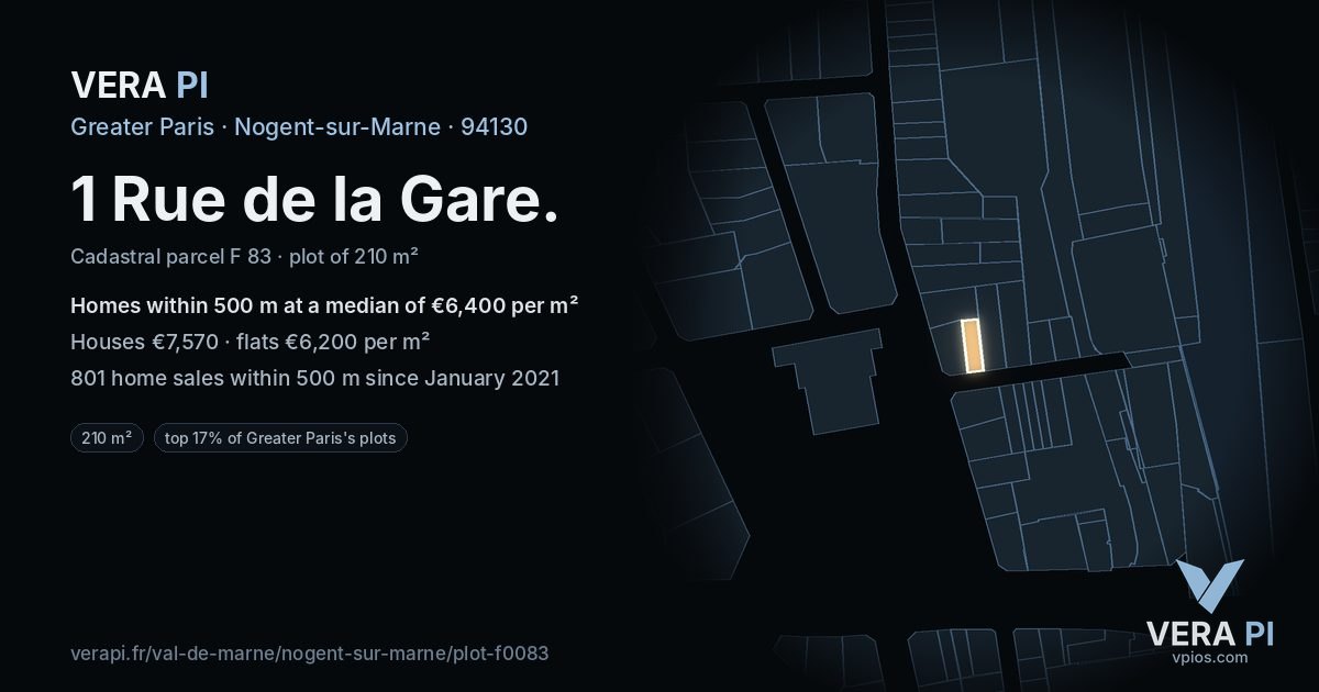 1 Rue de la Gare, Nogent-sur-Marne at night – the plot lit, the parcels around coloured by the prices near them