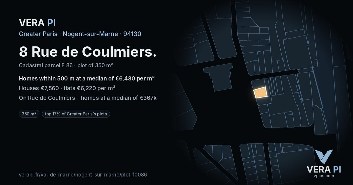 8 Rue de Coulmiers, Nogent-sur-Marne at night – the plot lit, the parcels around coloured by the prices near them