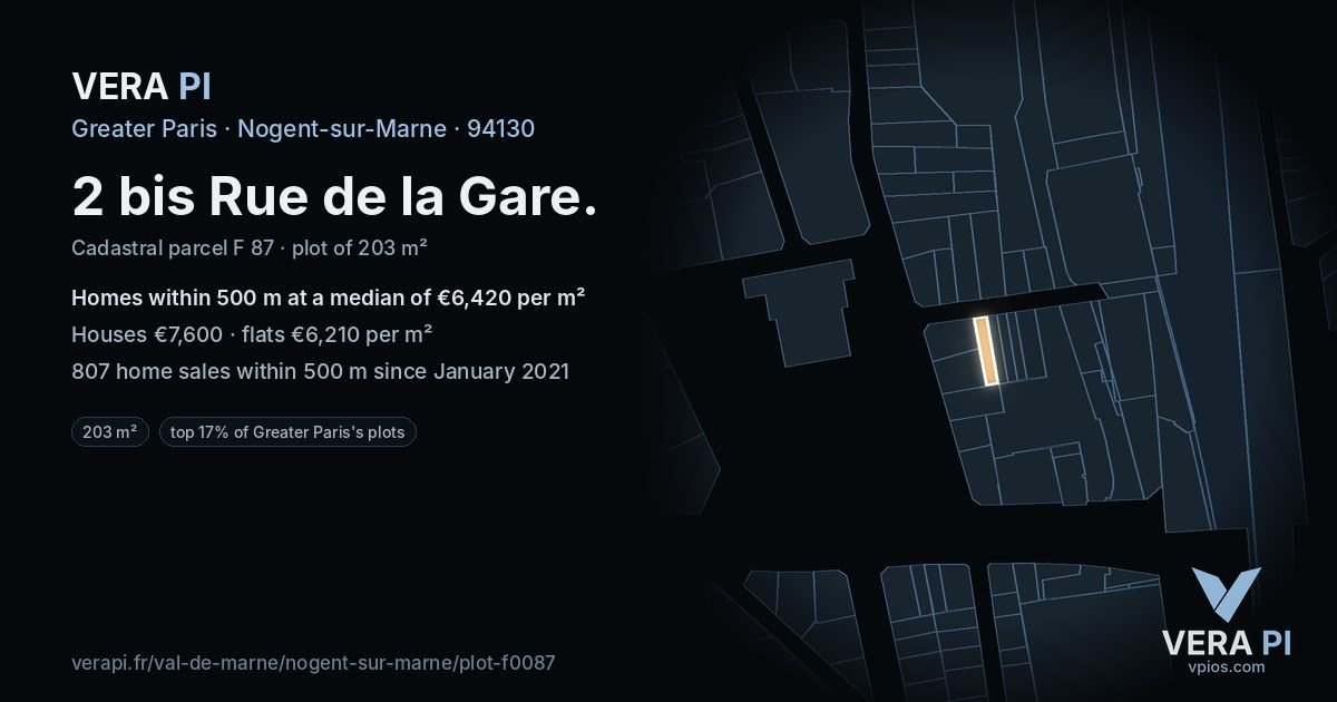 2 bis Rue de la Gare, Nogent-sur-Marne at night – the plot lit, the parcels around coloured by the prices near them