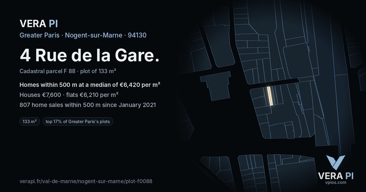 4 Rue de la Gare, Nogent-sur-Marne at night – the plot lit, the parcels around coloured by the prices near them