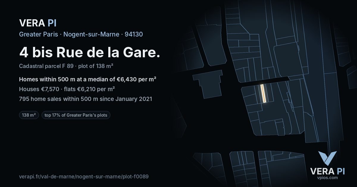 4 bis Rue de la Gare, Nogent-sur-Marne at night – the plot lit, the parcels around coloured by the prices near them