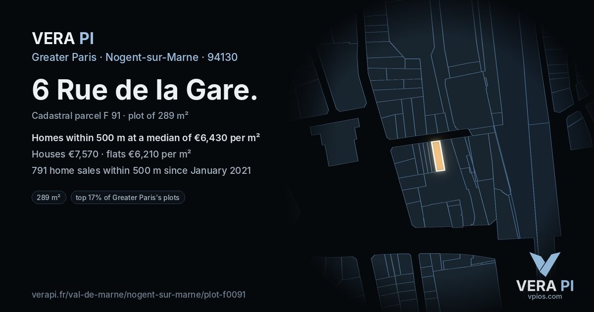 6 Rue de la Gare, Nogent-sur-Marne at night – the plot lit, the parcels around coloured by the prices near them