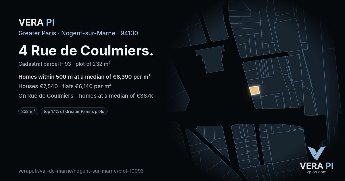 4 Rue de Coulmiers, Nogent-sur-Marne at night – the plot lit, the parcels around coloured by the prices near them