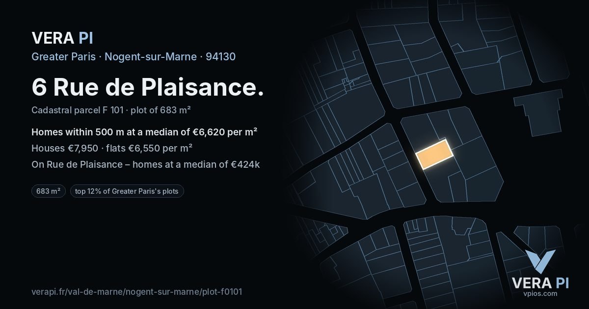 6 Rue de Plaisance, Nogent-sur-Marne at night – the plot lit, the parcels around coloured by the prices near them