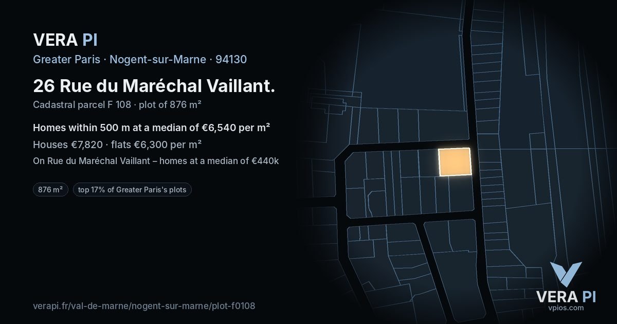 26 Rue du Maréchal Vaillant, Nogent-sur-Marne at night – the plot lit, the parcels around coloured by the prices near them