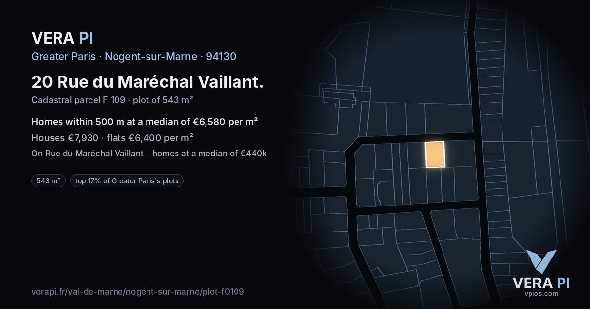 20 Rue du Maréchal Vaillant, Nogent-sur-Marne at night – the plot lit, the parcels around coloured by the prices near them