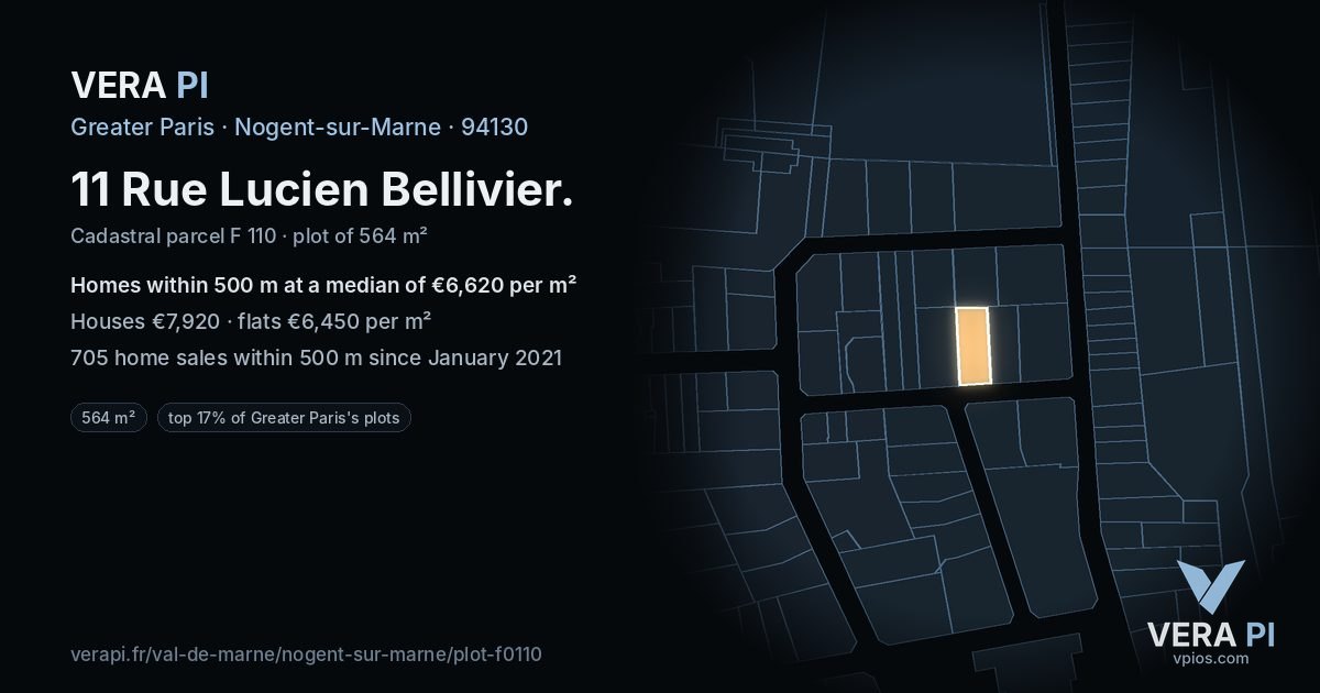 11 Rue Lucien Bellivier, Nogent-sur-Marne at night – the plot lit, the parcels around coloured by the prices near them