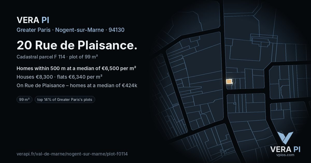 20 Rue de Plaisance, Nogent-sur-Marne at night – the plot lit, the parcels around coloured by the prices near them
