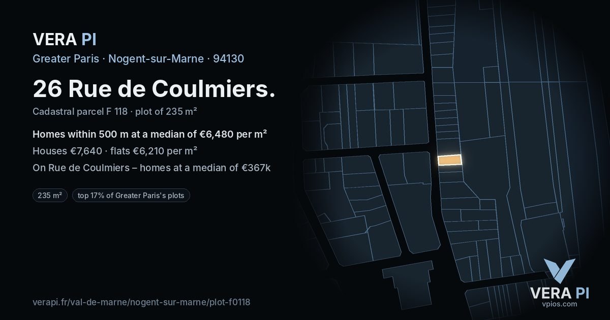26 Rue de Coulmiers, Nogent-sur-Marne at night – the plot lit, the parcels around coloured by the prices near them