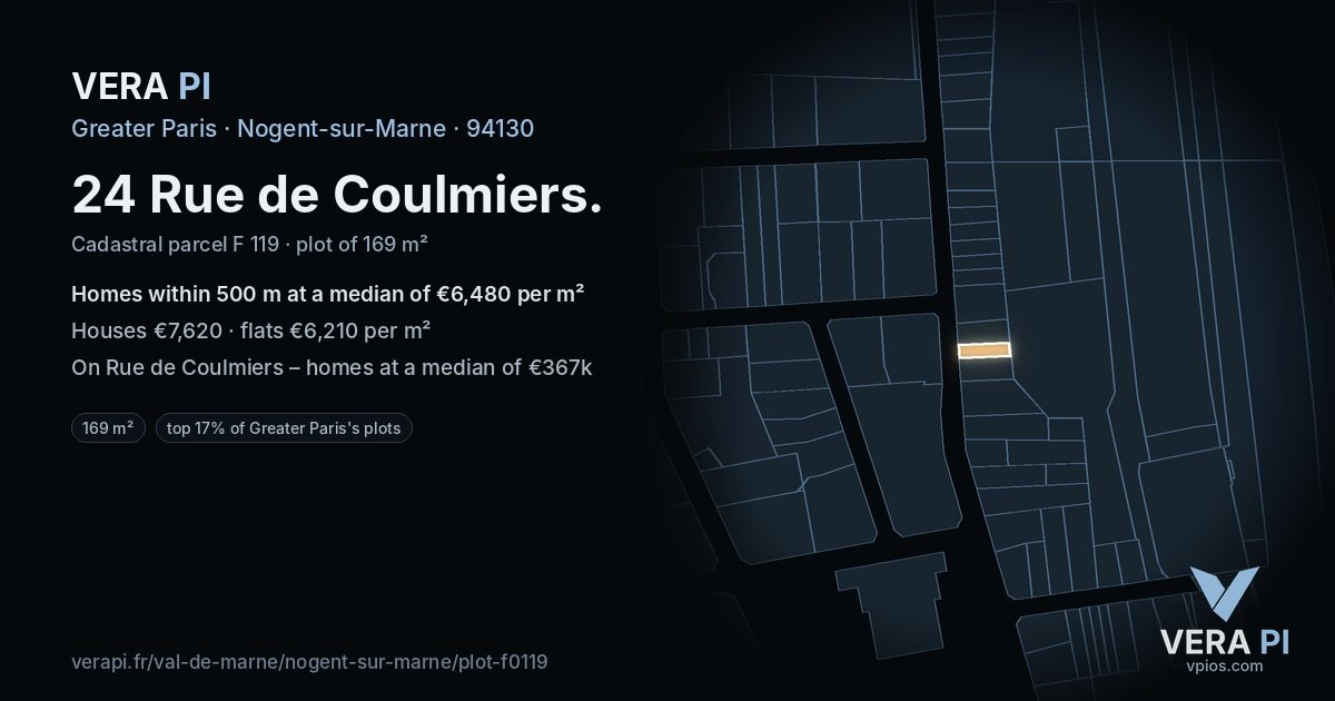 24 Rue de Coulmiers, Nogent-sur-Marne at night – the plot lit, the parcels around coloured by the prices near them
