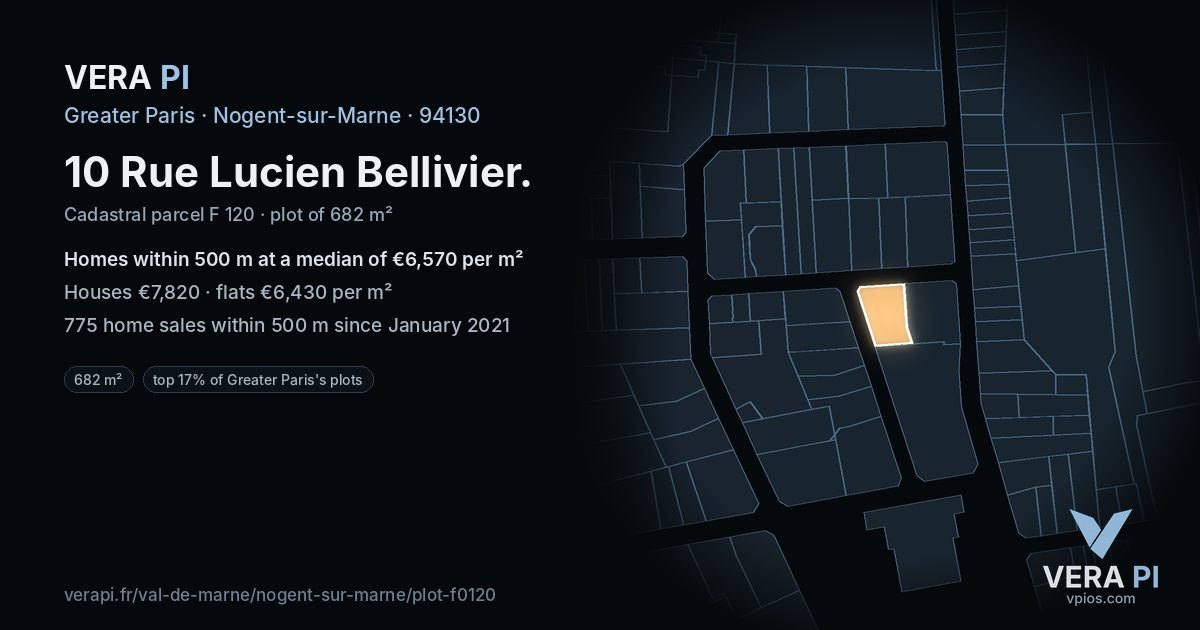 10 Rue Lucien Bellivier, Nogent-sur-Marne at night – the plot lit, the parcels around coloured by the prices near them