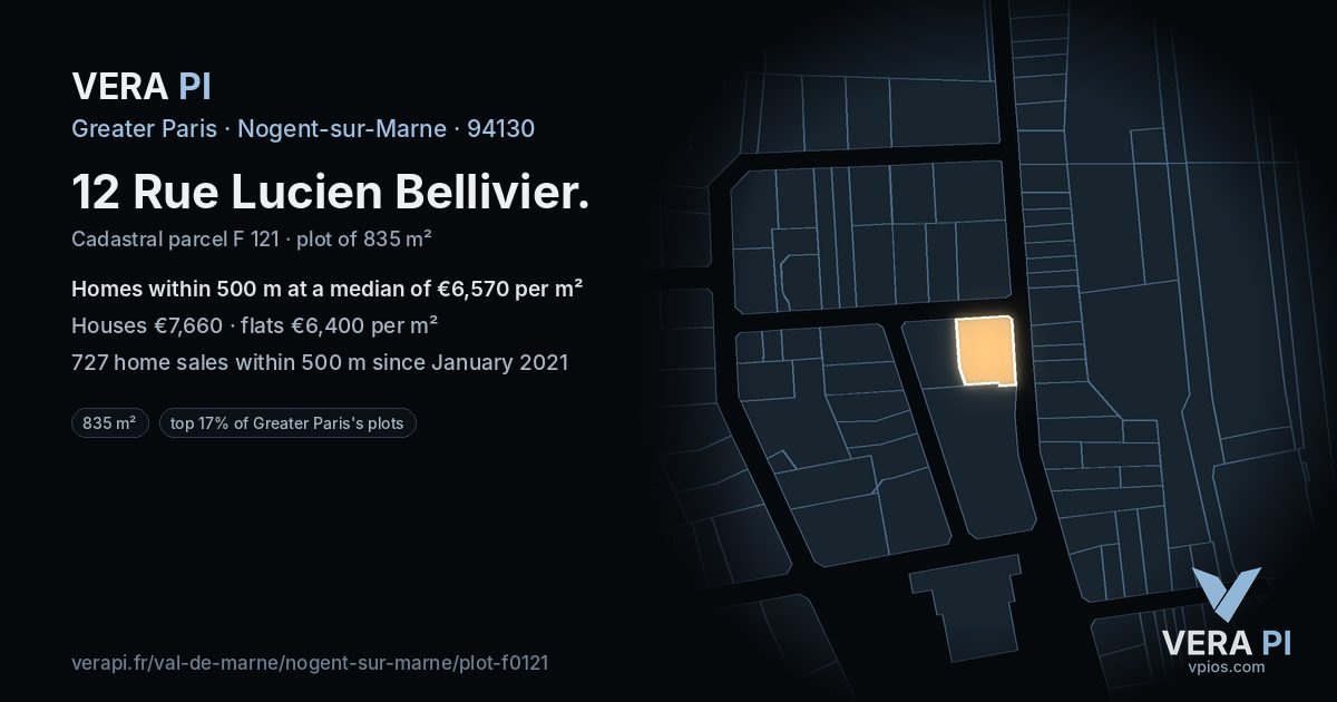 12 Rue Lucien Bellivier, Nogent-sur-Marne at night – the plot lit, the parcels around coloured by the prices near them