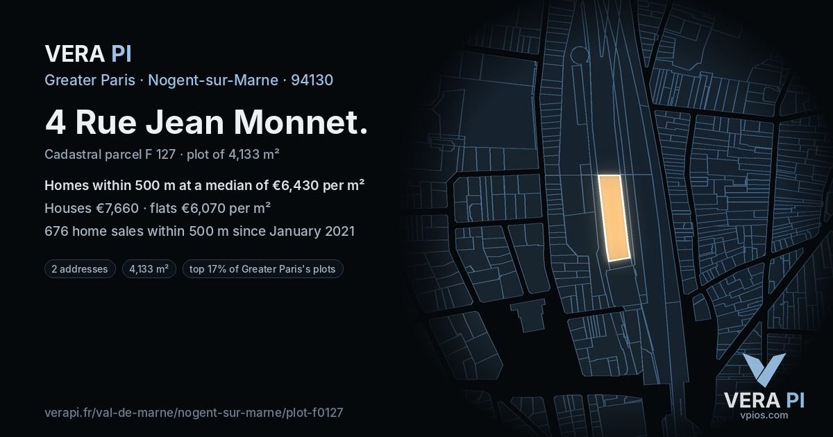 4 Rue Jean Monnet, Nogent-sur-Marne at night – the plot lit, the parcels around coloured by the prices near them