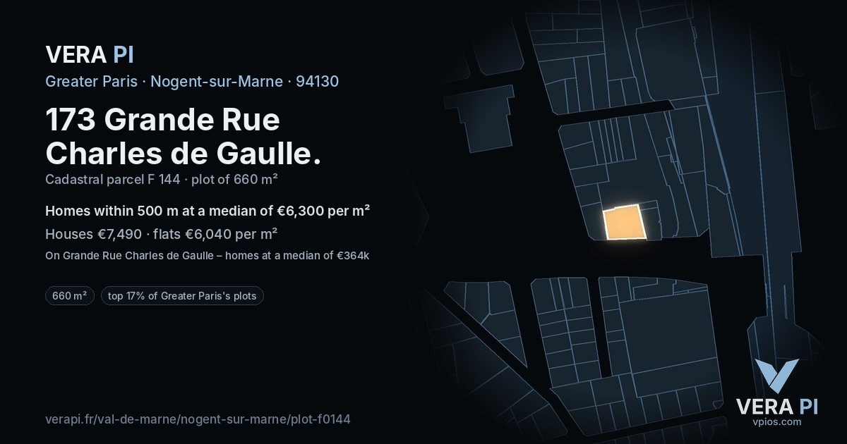 173 Grande Rue Charles de Gaulle, Nogent-sur-Marne at night – the plot lit, the parcels around coloured by the prices near them