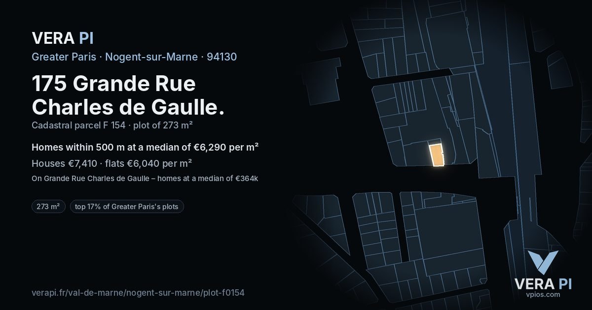 175 Grande Rue Charles de Gaulle, Nogent-sur-Marne at night – the plot lit, the parcels around coloured by the prices near them