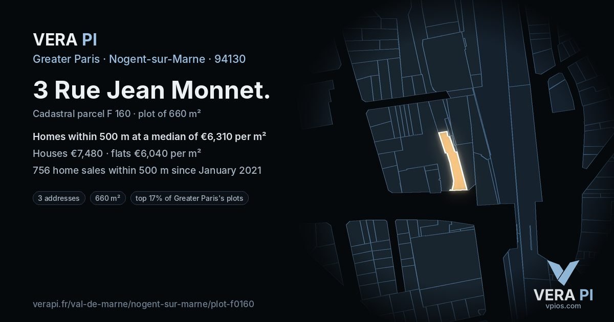 3 Rue Jean Monnet, Nogent-sur-Marne at night – the plot lit, the parcels around coloured by the prices near them
