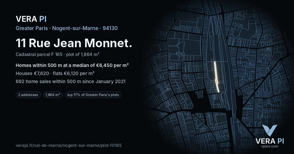 11 Rue Jean Monnet, Nogent-sur-Marne at night – the plot lit, the parcels around coloured by the prices near them