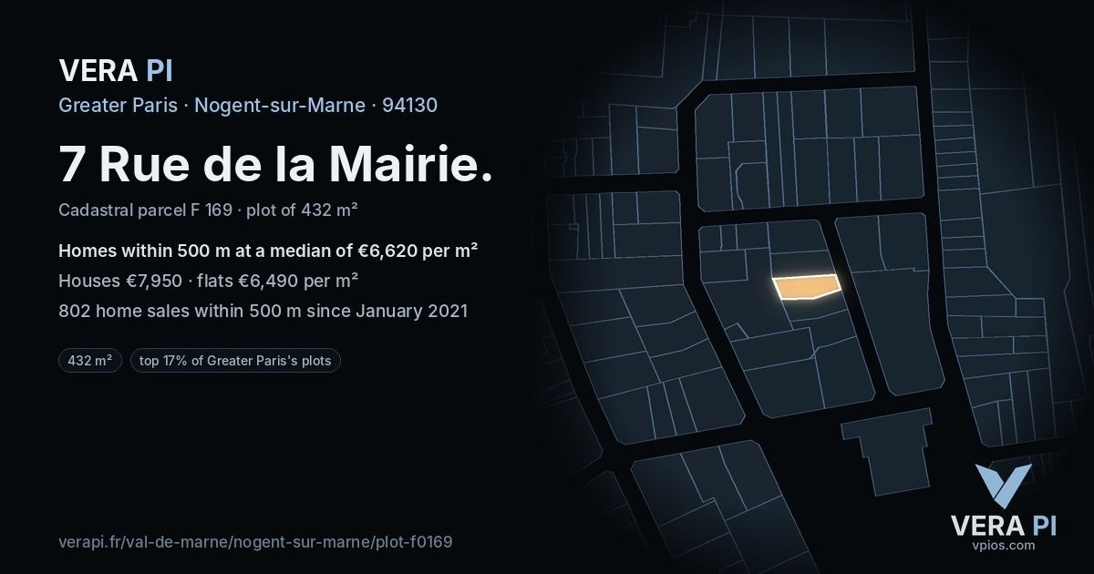 7 Rue de la Mairie, Nogent-sur-Marne at night – the plot lit, the parcels around coloured by the prices near them