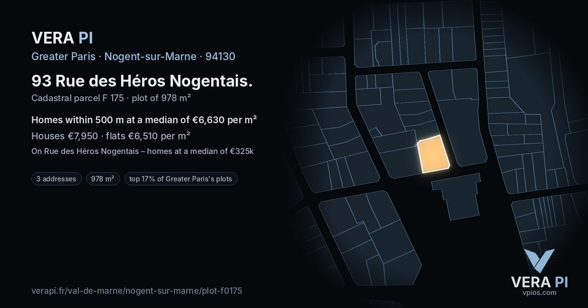 93 Rue des Héros Nogentais, Nogent-sur-Marne at night – the plot lit, the parcels around coloured by the prices near them