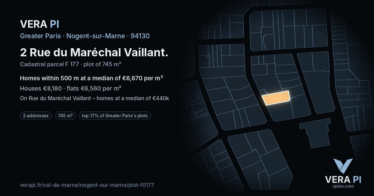 2 Rue du Maréchal Vaillant, Nogent-sur-Marne at night – the plot lit, the parcels around coloured by the prices near them