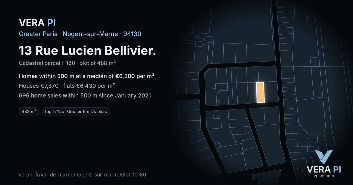 13 Rue Lucien Bellivier, Nogent-sur-Marne at night – the plot lit, the parcels around coloured by the prices near them