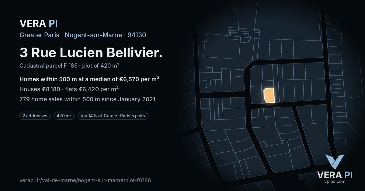3 Rue Lucien Bellivier, Nogent-sur-Marne at night – the plot lit, the parcels around coloured by the prices near them