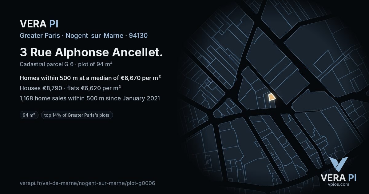 3 Rue Alphonse Ancellet, Nogent-sur-Marne at night – the plot lit, the parcels around coloured by the prices near them